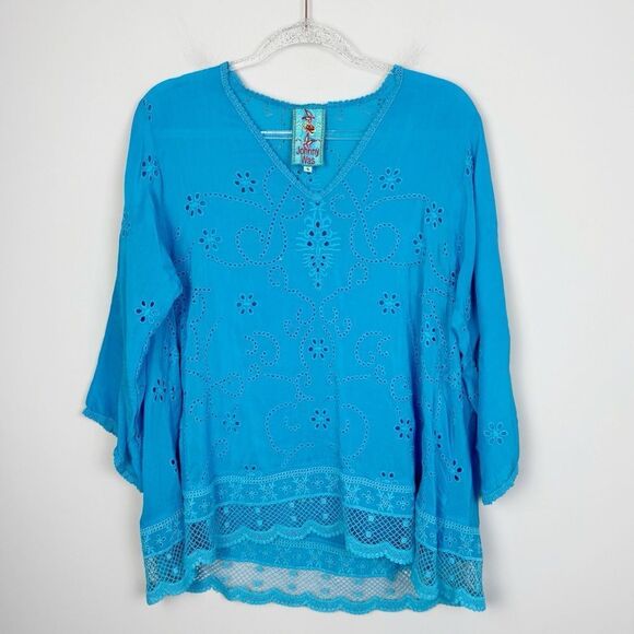 JOHNNY WAS | Bright Turquoise Blue Lasercut Embroidered Top Women’s Size Small - Picture 1 of 8